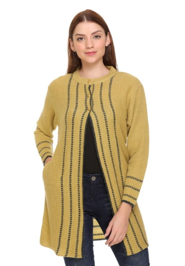 CLAPTON Women Round Neck Yellow Full Sleeve With Pocket Wool Cardigan (Outer Long) - L, Yellow, Wool, Pack of1